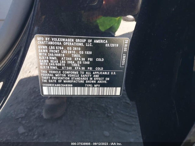 1V2DR2CA9KC548389 Volkswagen Atlas 3.6l V6 Se