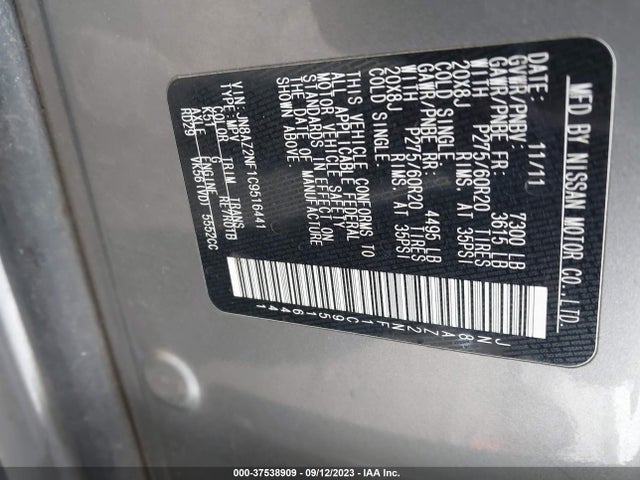 2012 INFINITI QX56 7-PASSENGER VIN: JN8AZ2NF1C9516441
