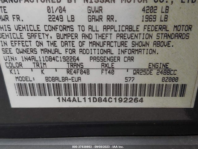 2004 NISSAN ALTIMA S VIN: 1N4AL11D84C192264
