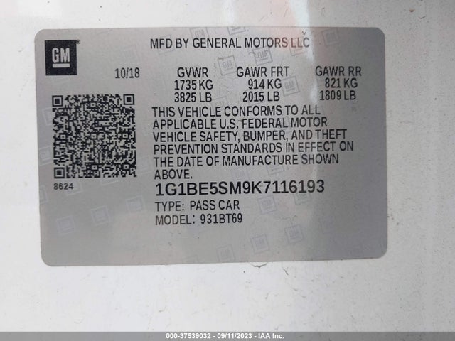 Chevrolet CRUZE LT 2019 1G1BE5SM9K7116193 Image 9