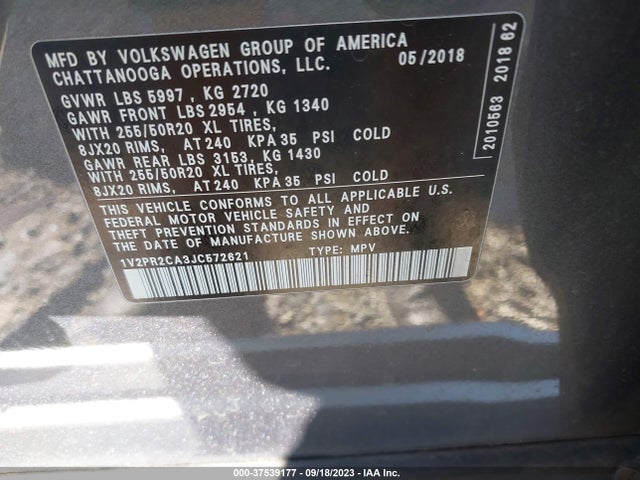 1V2PR2CA3JC572621 Volkswagen Atlas 3.6l V6 Se W/technology