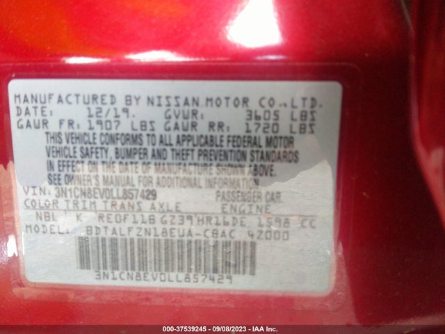 Aukcja sprzedaży 2020 Nissan Versa Sv, vin: 3N1CN8EV0LL857429, numer aukcji: 37539245