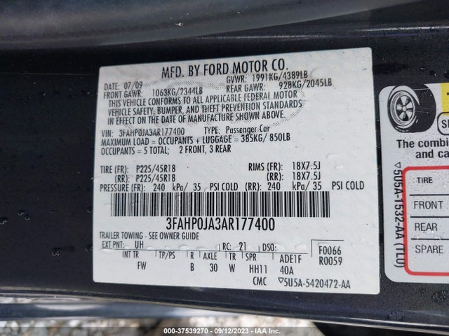 2010 FORD FUSION SEL VIN: 3FAHP0JA3AR177400