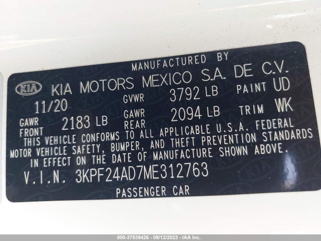 2021 KIA FORTE LXS VIN: 3KPF24AD7ME312763
