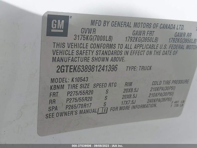 2008 GMC SIERRA 1500 DENALI VIN: 2GTEK638981241396
