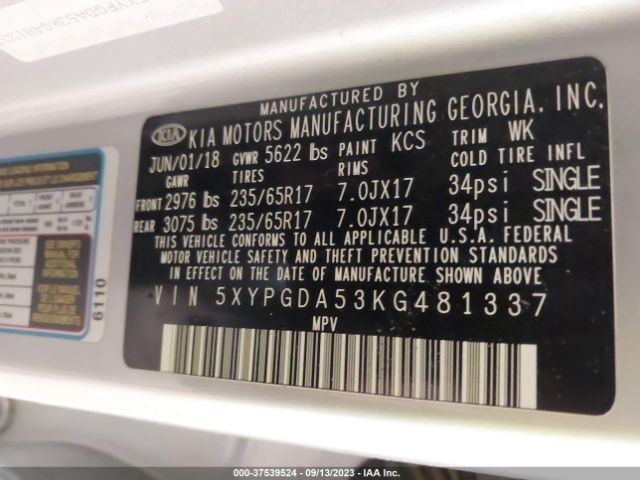 5XYPGDA53KG481337 KIA Sorento Lx V6