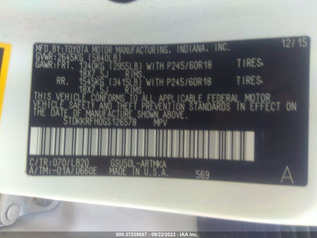 Toyota Highlander Xle V6 2016 5TDKKRFH0GS126578 Image 9