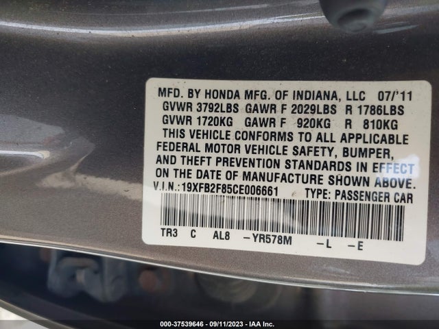 2012 HONDA CIVIC SDN EX VIN: 19XFB2F85CE006661