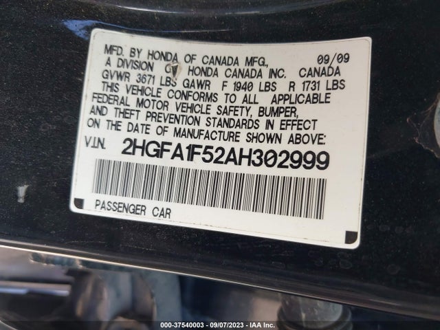 2010 HONDA CIVIC SDN LX VIN: 2HGFA1F52AH302999
