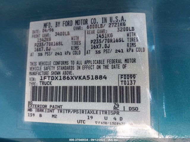 1997 FORD F-150 XL/XLT/LARIAT VIN: 1FTDX186XVKA51884