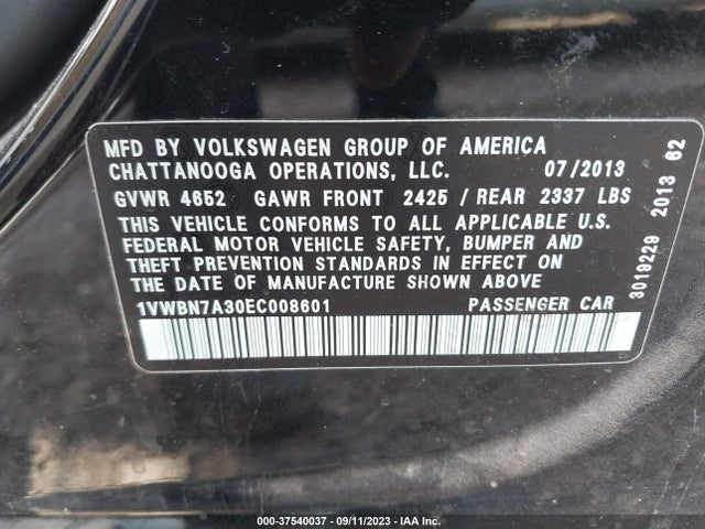 1VWBN7A30EC008601 Volkswagen Passat Tdi Se W/sunroof