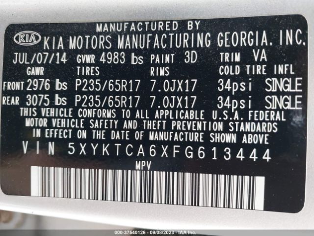 5XYKTCA6XFG613444 KIA SORENTO LX
