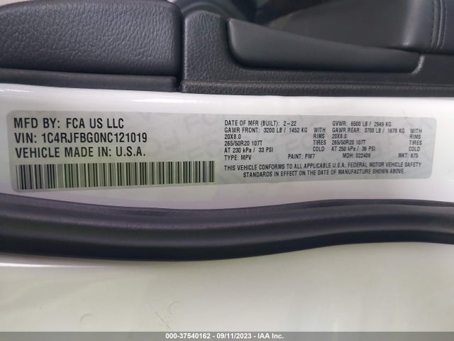 1C4RJFBG0NC121019 Jeep Grand Cherokee Wk Limited