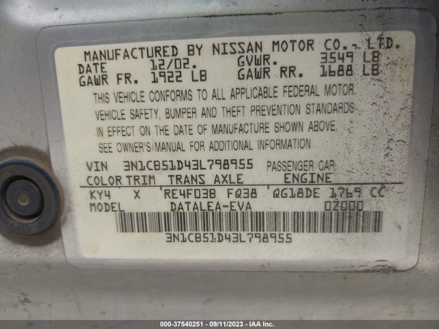 2003 NISSAN SENTRA XE/GXE VIN: 3N1CB51D43L798955