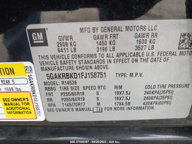 2015 BUICK ENCLAVE LEATHER VIN: 5GAKRBKD1FJ158751