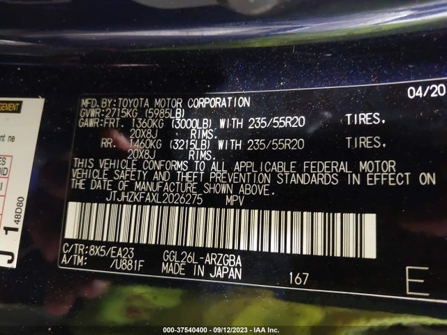 JTJHZKFAXL2026275 Lexus Rx Rx 350l
