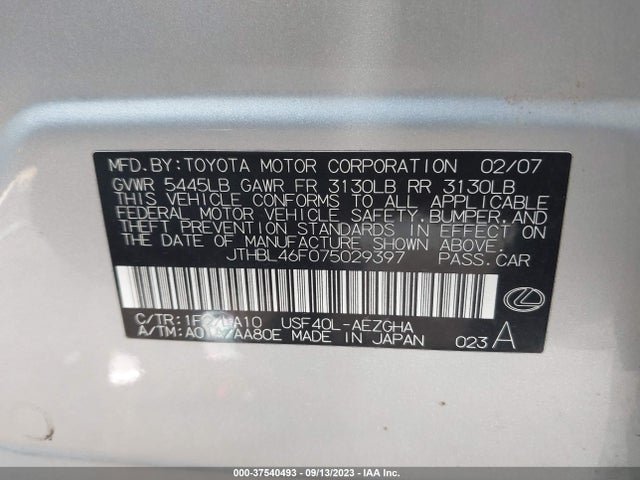 Aukcja sprzedaży 2007 Lexus Ls 460, vin: JTHBL46F075029397, numer aukcji: 37540493