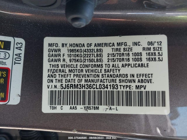 2012 HONDA CR-V LX VIN: 5J6RM3H36CL034193