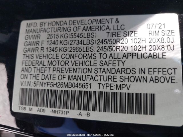 5FNYF5H26MB045651 Honda Pilot Special Edition