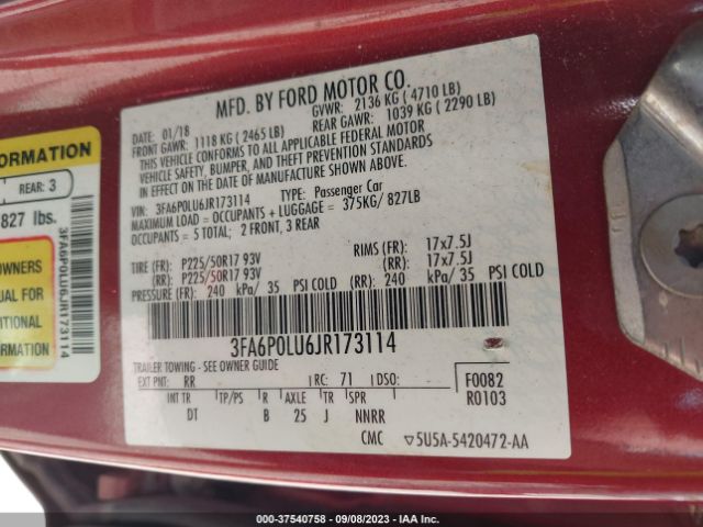 3FA6P0LU6JR173114 Ford Fusion Hybrid Se