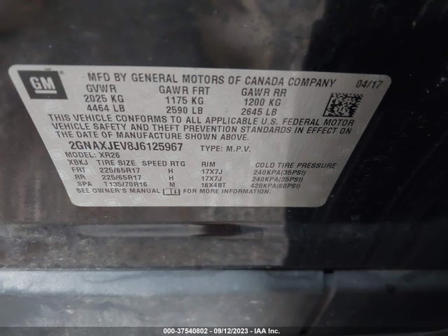 Chevrolet EQUINOX LT 2018 2GNAXJEV8J6125967 Image 9