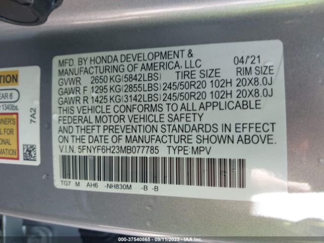 5FNYF6H23MB077785 Honda Pilot Special Edition