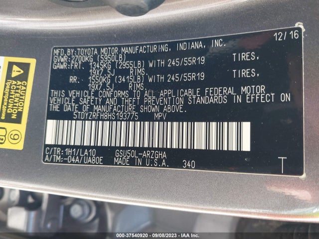 Toyota Highlander Limited 2017 5TDYZRFH8HS193775 Image 9