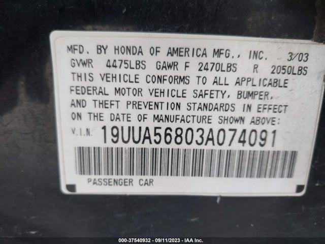 2003 ACURA TL TYPE S VIN: 19UUA56803A074091