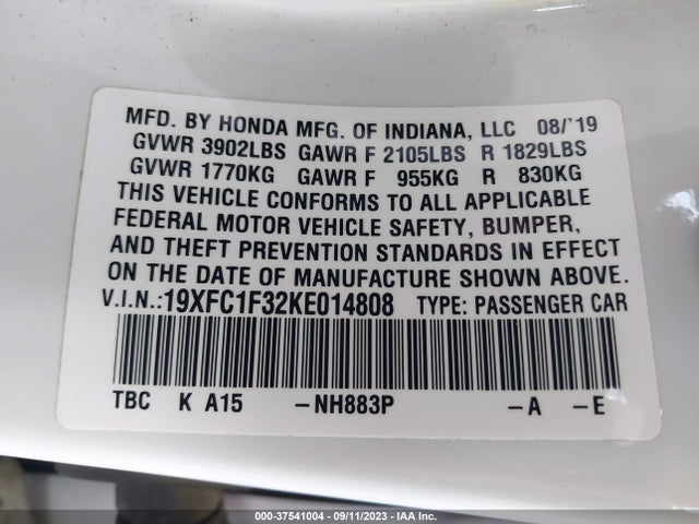 Honda Civic Sedan Ex 2019 19XFC1F32KE014808 Image 9