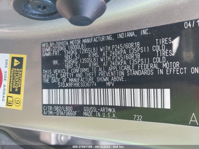 Toyota Highlander Xle V6 2014 5TDJKRFH9ES036774 Image 9