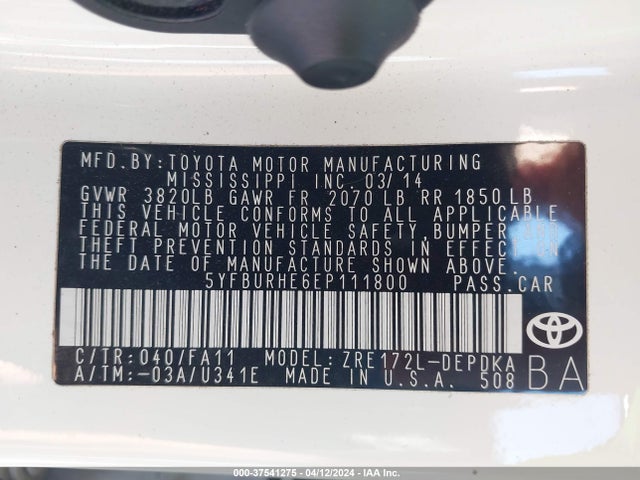 Toyota COROLLA L 2014 5YFBURHE6EP111800 Image 9