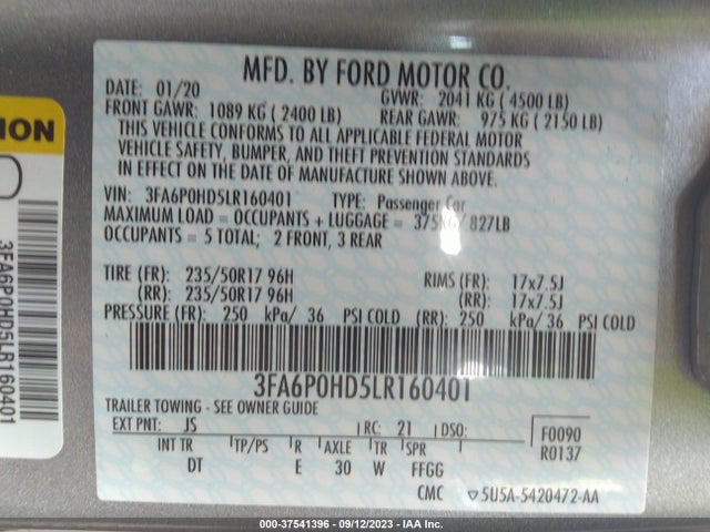 2020 FORD FUSION SE VIN: 3FA6P0HD5LR160401