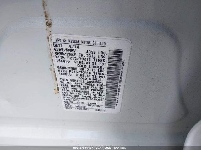 JN8AS5MT6EW619386 Nissan Rogue Select S