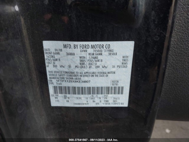 2008 FORD F-150 XL/XLT/FX2/LARIAT VIN: 1FTPX125X8KE34807