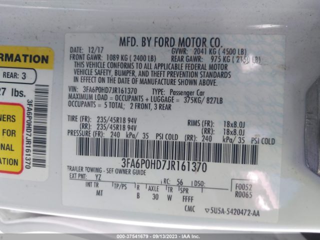 3FA6P0HD7JR161370 Ford FUSION SE