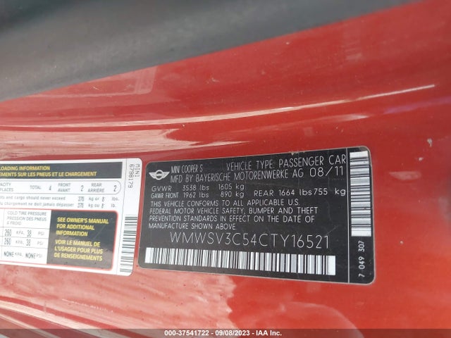 2012 MINI COOPER HARDTOP WMWSV3C54CTY16521 Photo 8