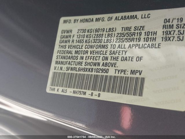 5FNRL6H9XKB102950 Honda Odyssey Elite
