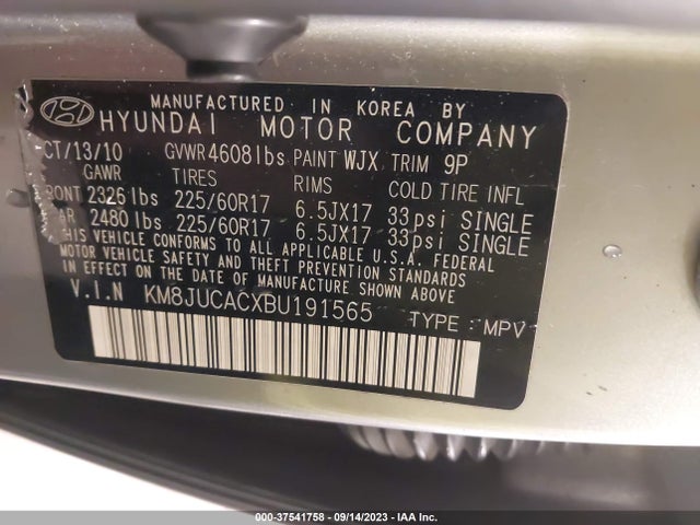 2011 HYUNDAI TUCSON GLS VIN: KM8JUCACXBU191565