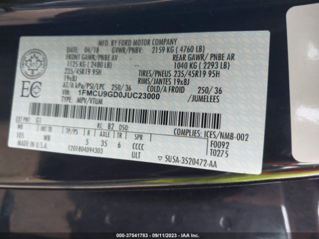 1FMCU9GD0JUC23000 Ford ESCAPE SE