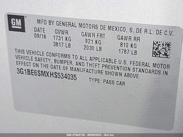 Chevrolet Cruze Lt Auto 2017 3G1BE6SMXHS534035 Image 9