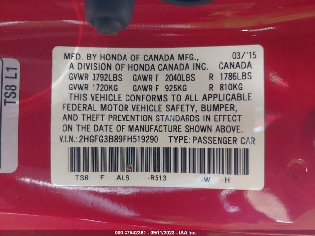 Honda Civic Coupe Ex 2015 2HGFG3B89FH519290 Image 15
