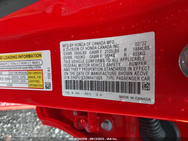 2022 HONDA CIVIC SI VIN: 2HGFE1E55NH471605