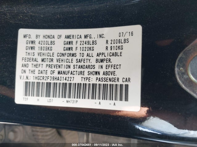 Honda ACCORD LX 2017 1HGCR2F39HA014227 Image 9
