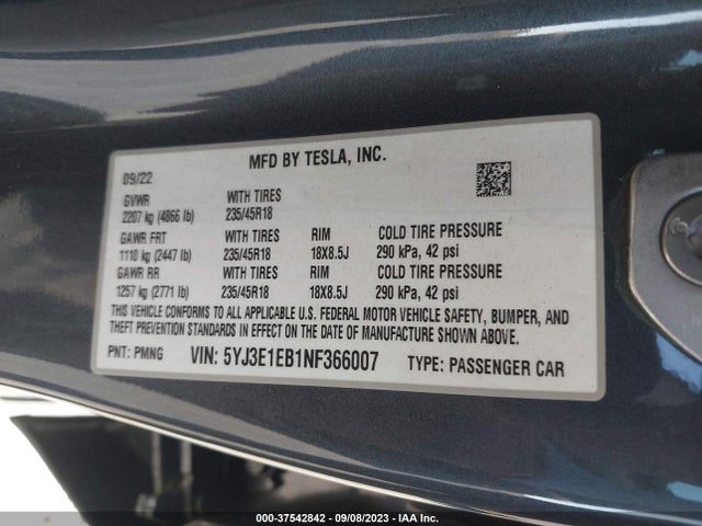 2022 TESLA MODEL 3 LONG RANGE DUAL MOTOR ALL-WHEEL DRIVE VIN: 5YJ3E1EB1NF366007