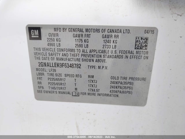 2015 CHEVROLET EQUINOX L VIN: 2GNALLEK9F6348782