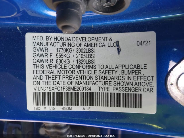 2021 HONDA CIVIC SEDAN EX VIN: 19XFC1F38ME209184