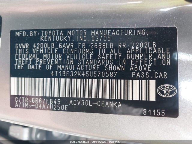 2005 TOYOTA CAMRY LE VIN: 4T1BE32K45U570587