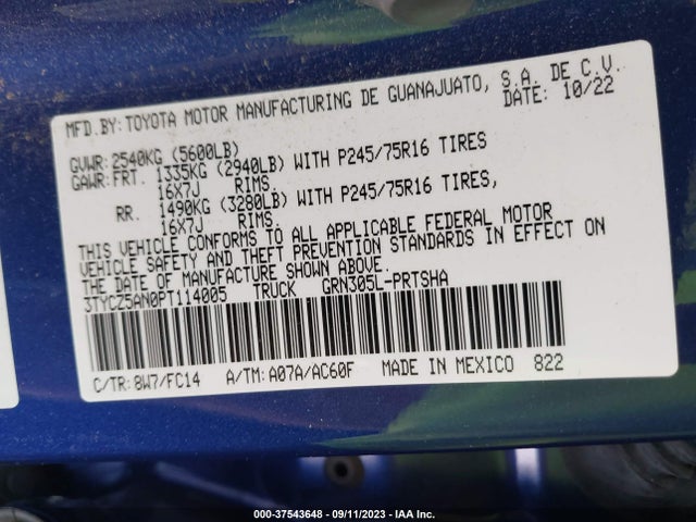 2023 TOYOTA TACOMA 4WD SR/SR5/TRD SPORT VIN: 3TYCZ5AN0PT114005