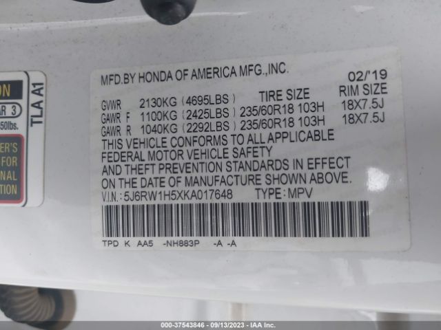 Honda CR-V EX 2019 5J6RW1H5XKA017648 Image 9