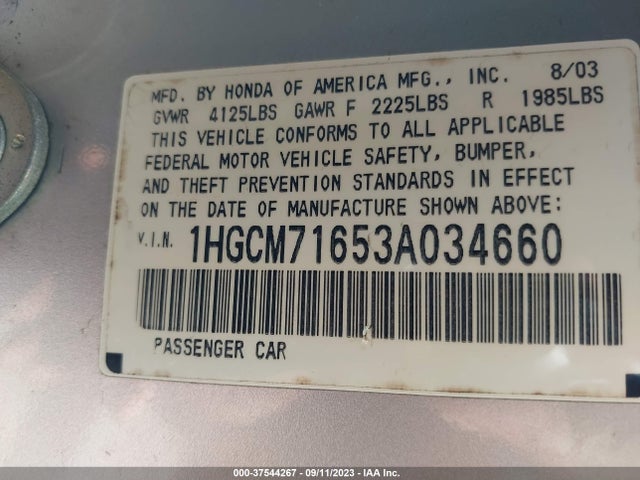 2003 HONDA ACCORD CPE EX VIN: 1HGCM71653A034660